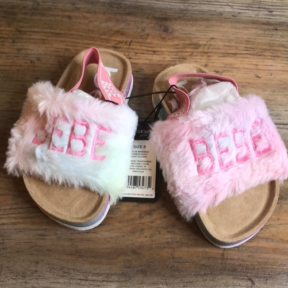 Bebe girls sling back fur white pink teal yellow sandals size 8